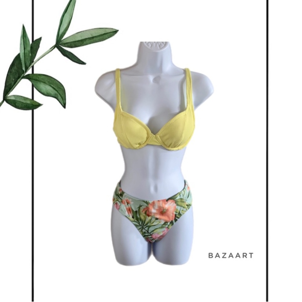 Xhilaration Yellow Bralette Bikini Top & Kona Sol Floral Bikini Bottom